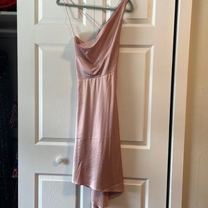 Lulus Sereno Mauve Pink Satin Cowl Neck Asymmetrical Midi Dress